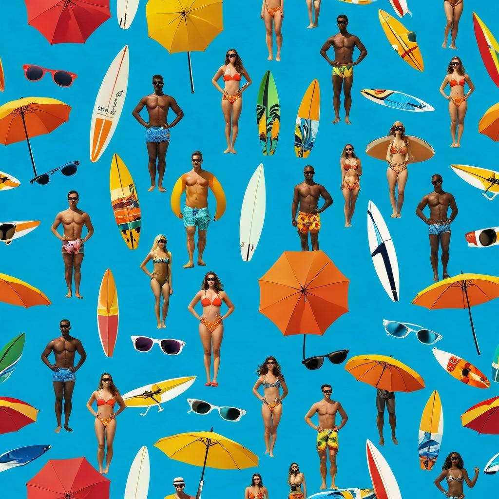 A stylish beach scene featuring a diverse group of men and women in trendy swimwear, showcasing vibrant colors and unique patterns. Include a backdrop of sunny skies, surfboards, and beach umbrellas to create a lively summer atmosphere. Incorporate accessories like sunglasses and hats to enhance the fashion aspect, while splashes of water add a refreshing touch. Make the image bright and inviting, evoking feelings of summer fun and relaxation. hyper-realistic. vibrant colors. summer vibes.
