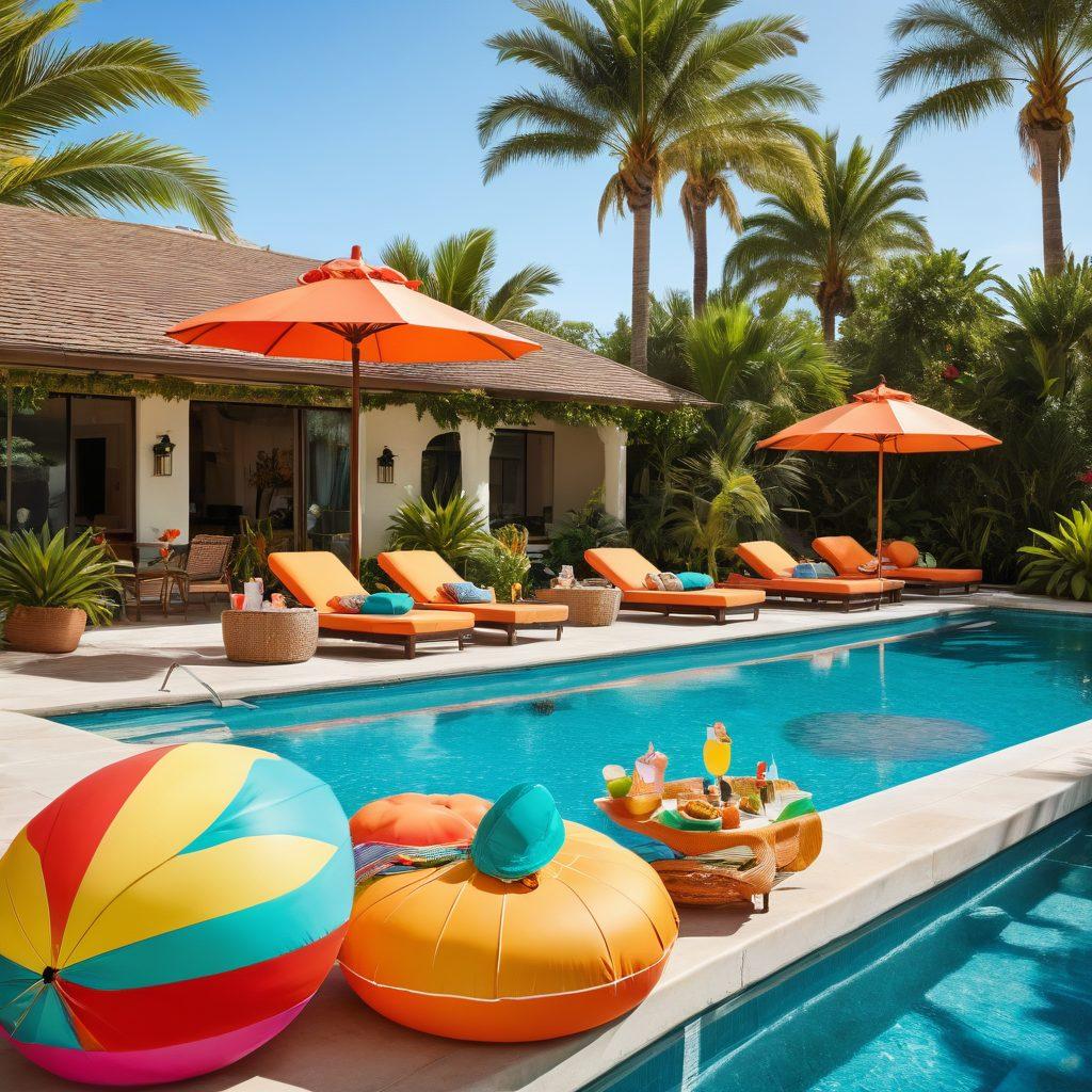 A sun-soaked beach party scene featuring diverse groups of friends in trendy summer swimwear, with colorful beach umbrellas and palm trees. In the foreground, a stylish poolside lounge area adorned with vibrant pool floats and cocktails, exuding a joyful summer vibe. Add splashes of bright colors and summer accessories like sunglasses and hats to amplify the atmosphere. super-realistic. vibrant colors. sunshine-drenched.